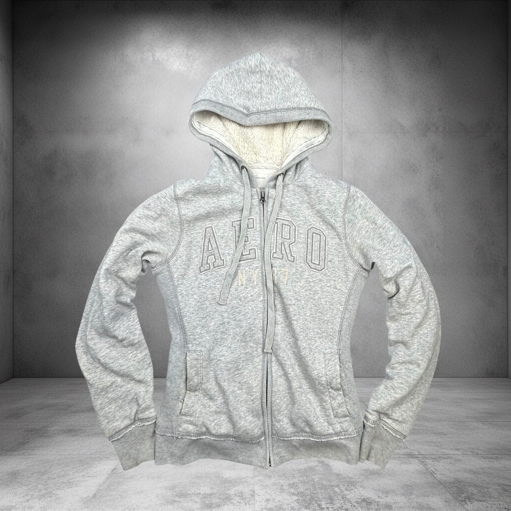 Vintage Aeropostale Grey Faux Fur Lined Zip Up Hoodie Y2K Small